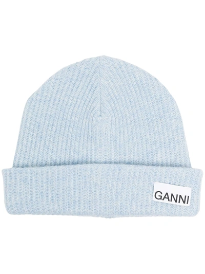 Shop Ganni Rib-knit Beanie Hat In Blue