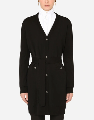 Shop Dolce & Gabbana Long Belted Wool Cardigan In Black