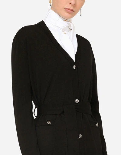 Shop Dolce & Gabbana Long Belted Wool Cardigan In Black