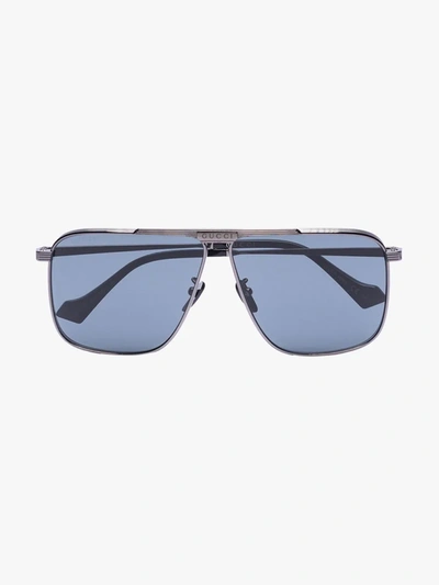 Shop Gucci Silver Tone Aviator Sunglasses In Black