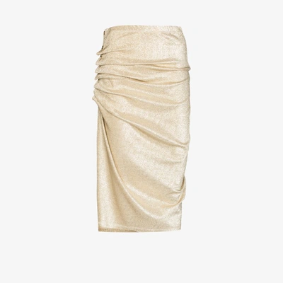 Shop Paco Rabanne Asymmetric Ruched Midi Skirt In Gold