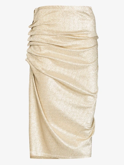 Shop Rabanne Asymmetric Ruched Midi Skirt In Gold