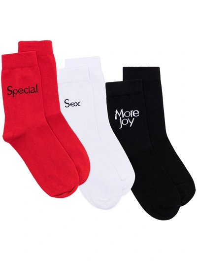Shop More Joy Slogan-intarsia Set Of Three Socks In Black