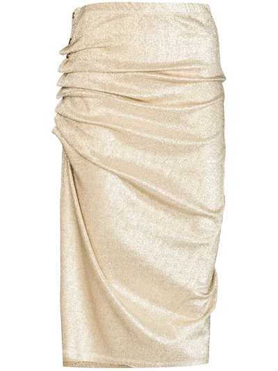 Shop Paco Rabanne Ruched-detailing Asymmetric Midi Skirt In Gold