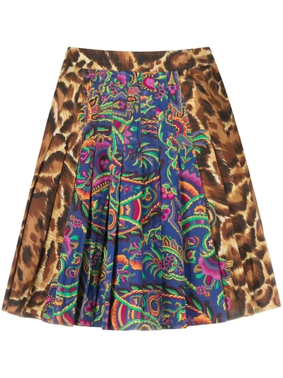 Pre-owned Versace Animal Floral Print Pleated Skirt In Brown