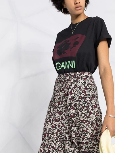 Shop Ganni Floral-print Ruffled Skirt In Black
