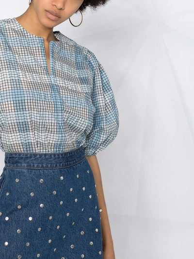 Shop Ganni Puff-sleeve Check Blouse In Blue