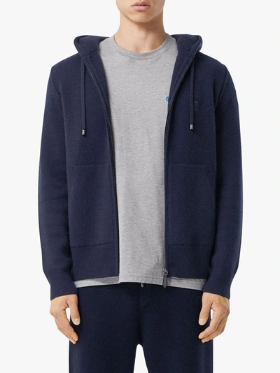 Shop Burberry Embroidered Monogram Zipped Hoodie In Blue