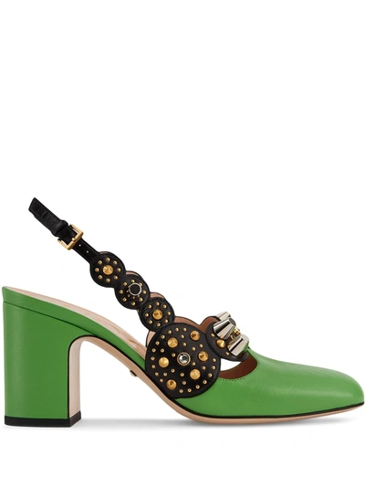 Shop Gucci Interlocking G Studded Slingback Pumps In Grün