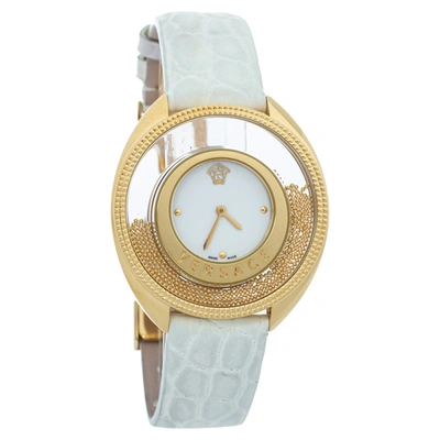 Pre-owned Versace White Yellow Gold Plated Stainless Steel Leather Destiny Spirit 86q Women's Wristwatch 39 Mm