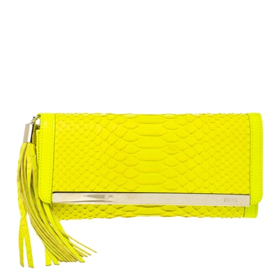 Pre-owned Emilio Pucci Neon Green Python And Leather Metal Bar Flap Clutch