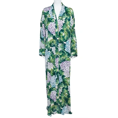 Pre-owned Dolce & Gabbana Green Ortensia Print Silk Maxi Dressing Gown Dress M
