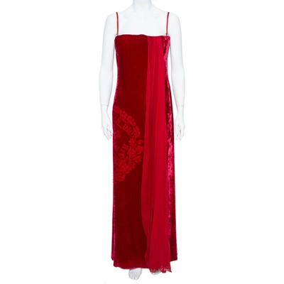 Pre-owned Dior Christian  Boutique Red Devor&eacute; Velvet Chiffon Draped Gown Xl