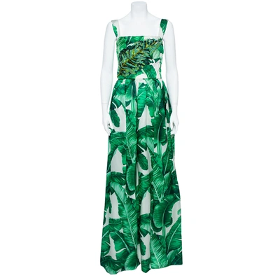 Pre-owned Dolce & Gabbana Green & White Palm Leaf Print Silk Embellished Gown M