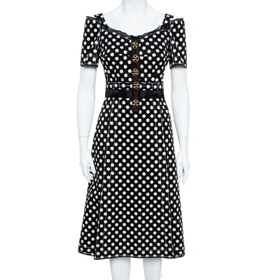 Pre-owned Dolce & Gabbana Monochrome Polka Dot Print Cotton Canvas Dress S In Black