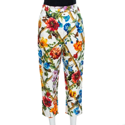 Pre-owned Dolce & Gabbana Floral Print Cotton Jacquard Cropped Pants L In White