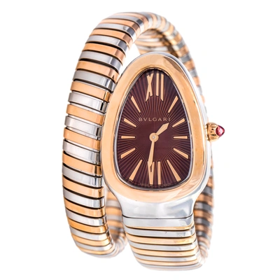 Pre-owned Bvlgari Brown 18k Rose Gold And Stainless Steel Serpenti Tubogas Women's Wristwatch 35 Mm