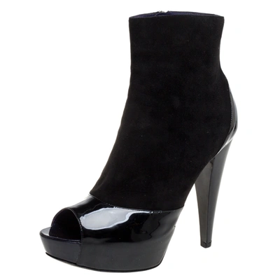 Pre-owned Sergio Rossi Black Suede And Patent Leather Peep Toe Platform Booties Size 39.5