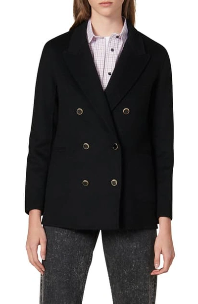 Shop Sandro Double Breasted Wool Blend Coat In Black