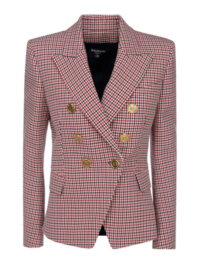 Shop Balmain Houndstooth Patterned Blazer In Red