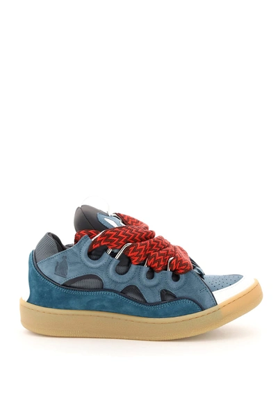 Shop Lanvin Curb Leather And Mesh Sneakers In Anthracite (light Blue)