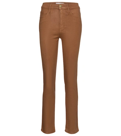 Shop Frame Le Sylvie Coated High-rise Straight Jeans In Brown