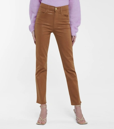 Shop Frame Le Sylvie Coated High-rise Straight Jeans In Brown