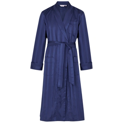 Shop Derek Rose Lingfield Navy Striped Cotton Robe