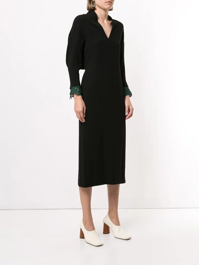 Shop Mame Kurogouchi Embroidered Cuff V-neck Dress In Black