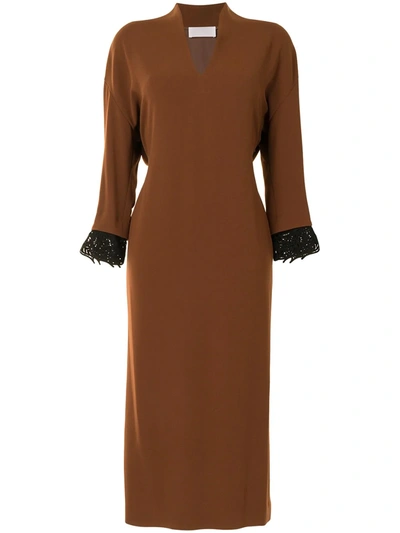 Mame Kurogouchi Embroidered Cuff V-neck Dress In Brown | ModeSens