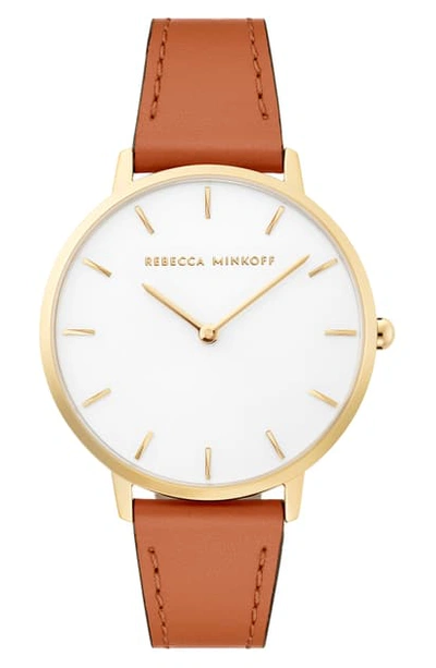 Shop Rebecca Minkoff Major Leather Strap Watch, 35mm In Brown/ Silver White/ Gold