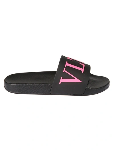 Shop Valentino Logo Sliders In Black/pink