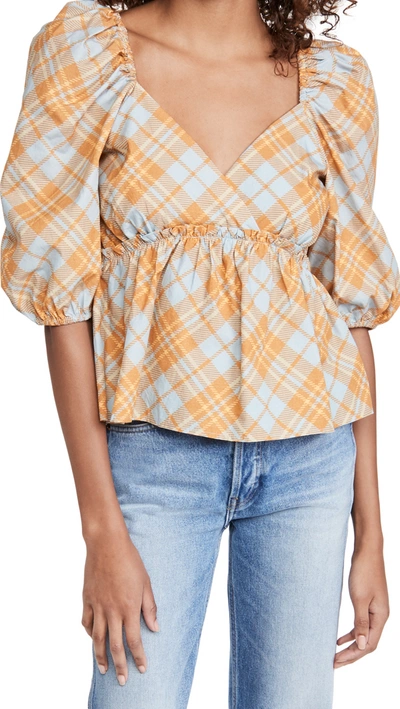 Shop Rahi Puff Top In Blue/yellow Plaid