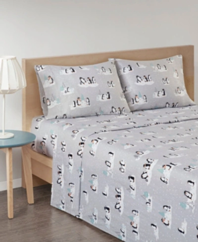 Sleep Philosophy True North Cotton Flannel 3-piece Twin Sheet Set Bedding In Grey Penguins