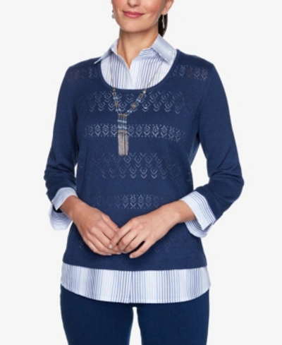 Shop Alfred Dunner Women's Missy Denim Friendly Two For One With Ombre Stripe Woven Trim Sweater In Navy