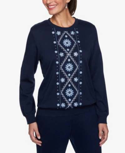 Shop Alfred Dunner Women's Missy Relaxed Attitude Banded Bottom Embroidery Top In Navy