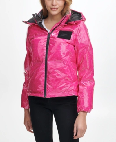 Shop Karl Lagerfeld Women's High Shine Hooded Puffer Coat In Pink