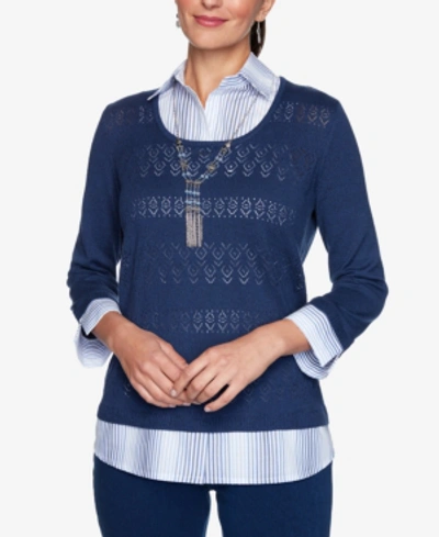 Shop Alfred Dunner Petite Layered-look Necklace Sweater In Navy