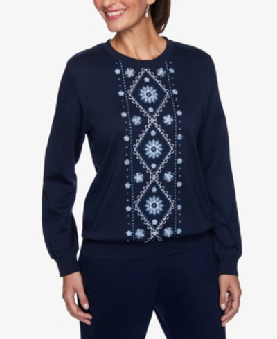 Shop Alfred Dunner Petite Embroidered Sweatshirt In Navy
