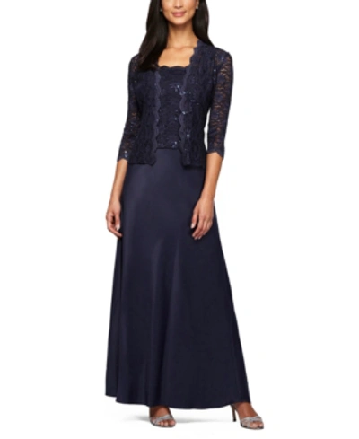 Shop Alex Evenings Petite 2-pc. Lace Jacket & A-line Dress Set In Midnight Blue