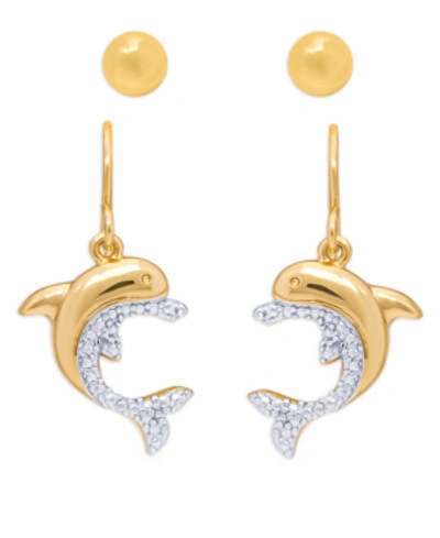 Macy's Diamond Accent Dolphin Fishhook Ball Gold Plate Or Silver Plate Stud Set In Gold