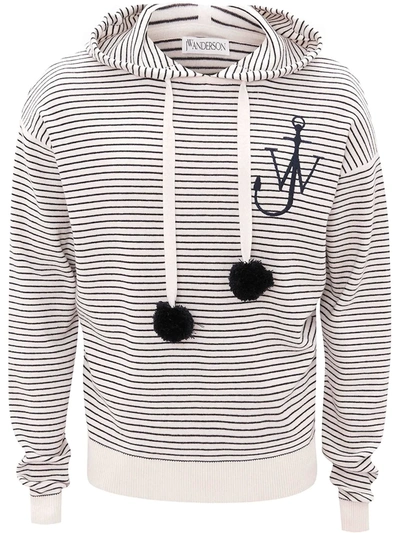 Shop Jw Anderson Striped Pompom Drawstring Hoodie In Neutrals