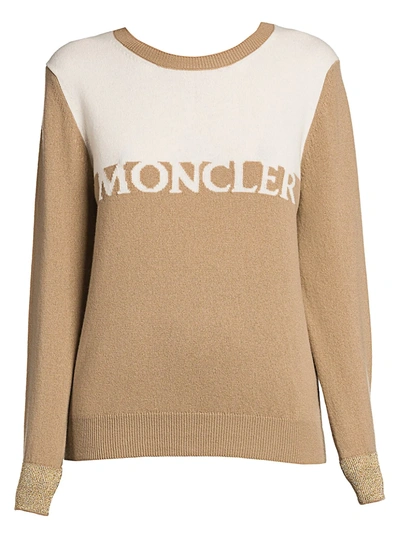 Shop Moncler Women's Intarsia Logo Crewneck Sweater In Beige White