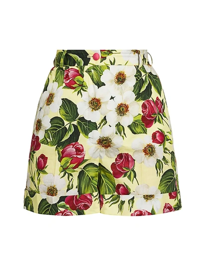 Shop Dolce & Gabbana Women's Poplin Floral-print Cuffed Shorts In Light Green White Red