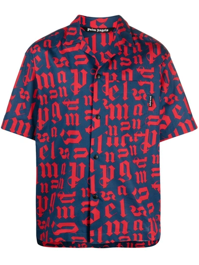 Shop Palm Angels Logo-print Short-sleeve Bowling Shirt In Blue