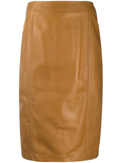 Shop Saint Laurent Midi Leather Pencil Skirt In Brown