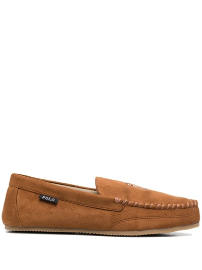 Shop Polo Ralph Lauren Logo Embroidered Loafers In Brown