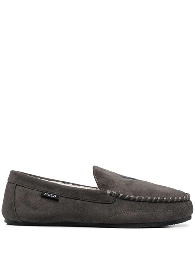Shop Polo Ralph Lauren Logo Embroidered Loafers In Grey