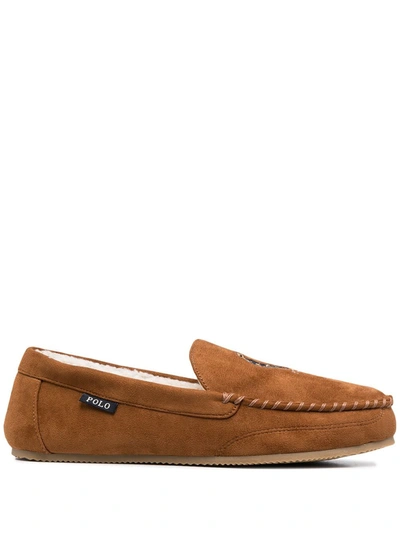 Shop Polo Ralph Lauren Logo Embroidered Loafers In Brown