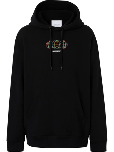 Shop Burberry Embroidered Globe Cotton Hoodie In Black